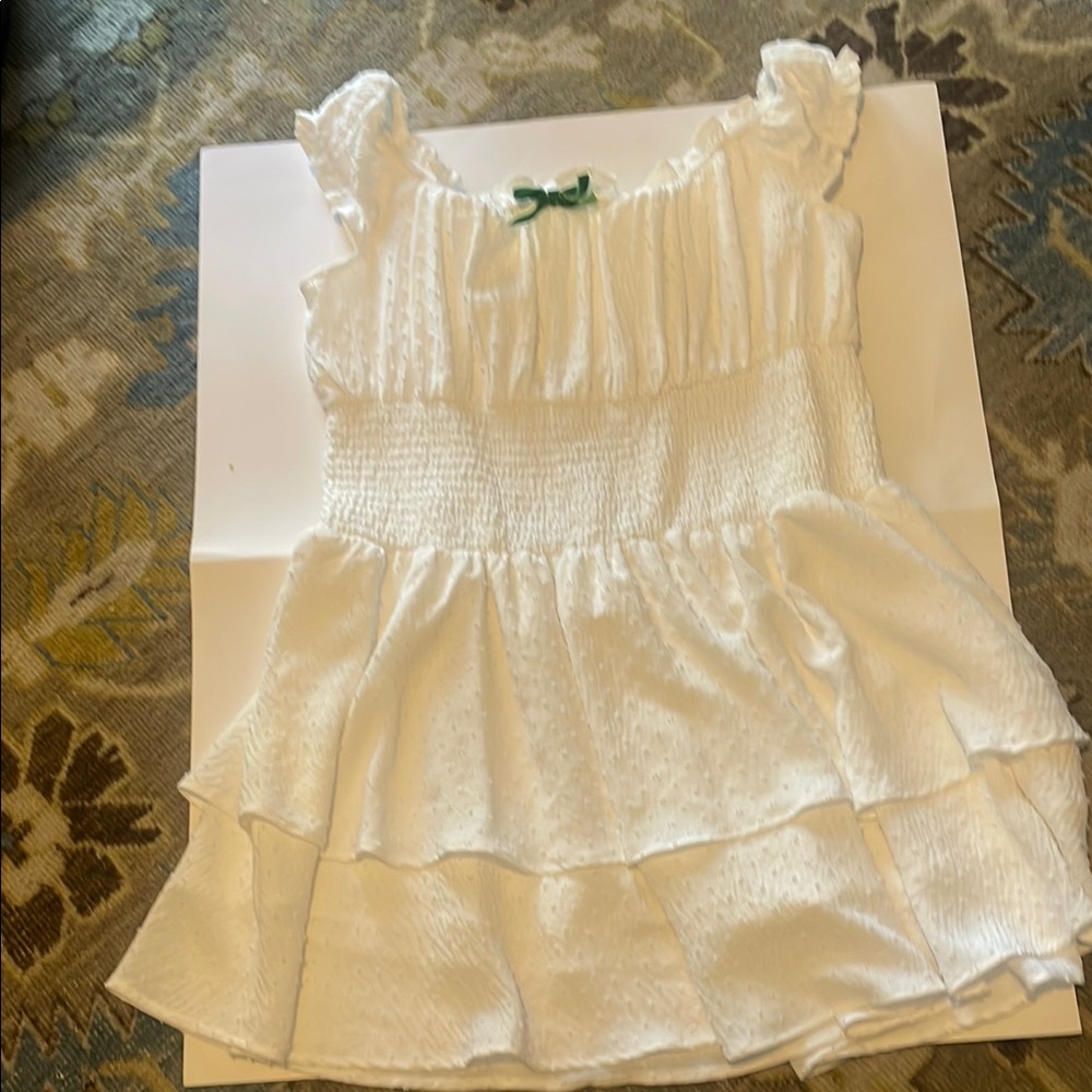 White Ruffled Blouse with Smocked Waist and Square Neckline